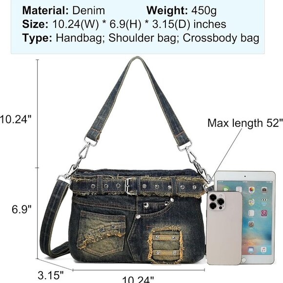 Denim Purse with Rhinestones Crossbody Shoulder Bag Bling Small Jean Purses for - Picture 2 of 7